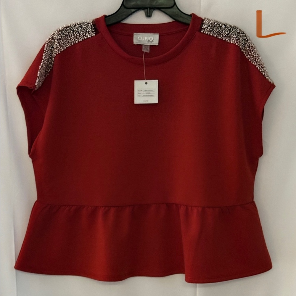 Cupio Red Peplum Blouse with Embellished Shoulders